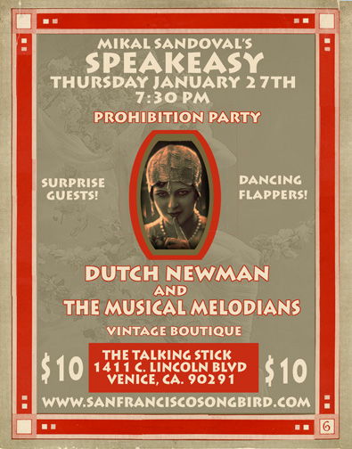 Prohibition Party Speakeasy Night January 27th at the Talking Stick in Venice